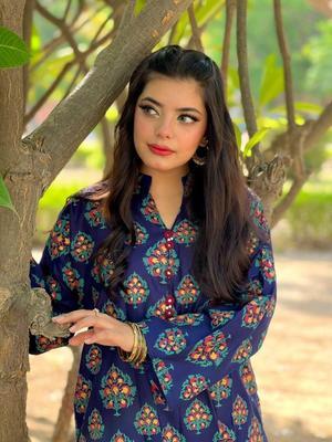 2 Pcs Women's Stitched Arabic Linen Printed Shirt And Trouser