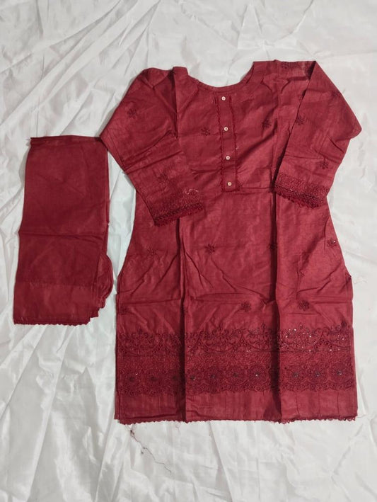 2 Pcs Women's Stitched Cotton Chikankari Embroidered Shirt And Trouser