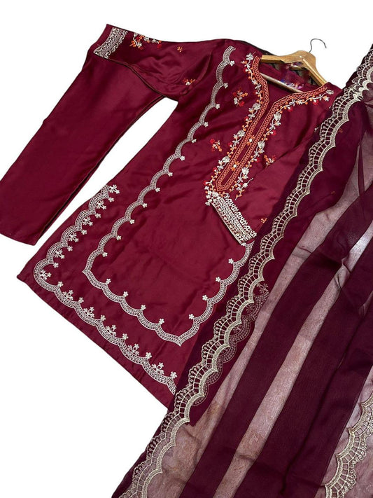 3 Pcs Women's Stitched Shamoz Silk Embroidered Suit