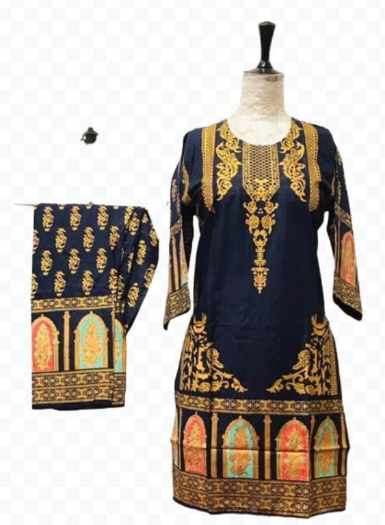 2 Pcs Women's Stitched Arabic Linen Block Printed Suit