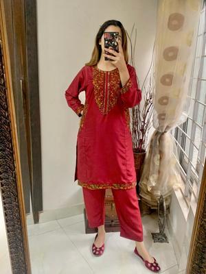 2 Pcs Women's Stitched Cotton Sequins Embroidered Shirt And Trouser