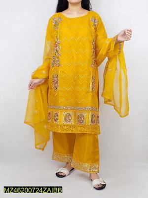 3 Pcs Women's Stitched Organza Embroidered Suit