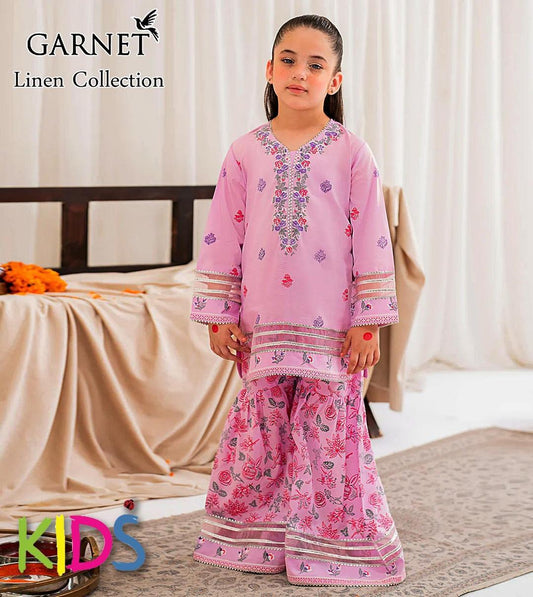 2 Pcs Girl's Linen Embroidered Shirt And Trouser Suit