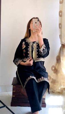 2 Pcs Women's Stitched Cotton Lawn Sequins Embroidered Shirt And Trouser