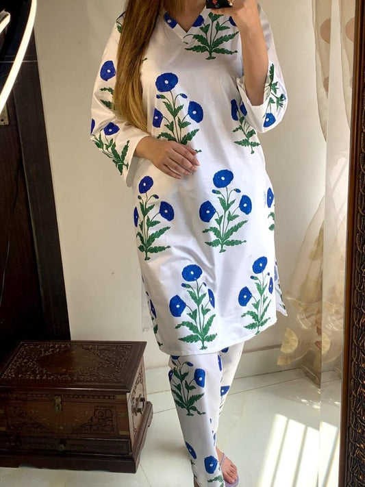 2 Pcs Women's Stitched Arabic Lawn Block Print Shirt And Trouser