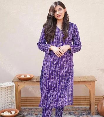 2 Pcs Women's Stitched Linen Block Printed Shirt And Trouser