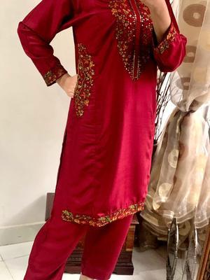 2 Pcs Women's Stitched Linen Sequins Embroidered Shirt And Trouser