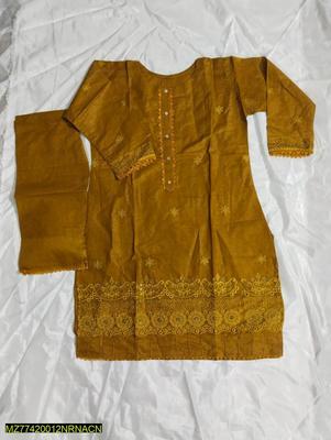 2 Pcs Women's Stitched Cotton Chikankari Embroidered Shirt And Trouser