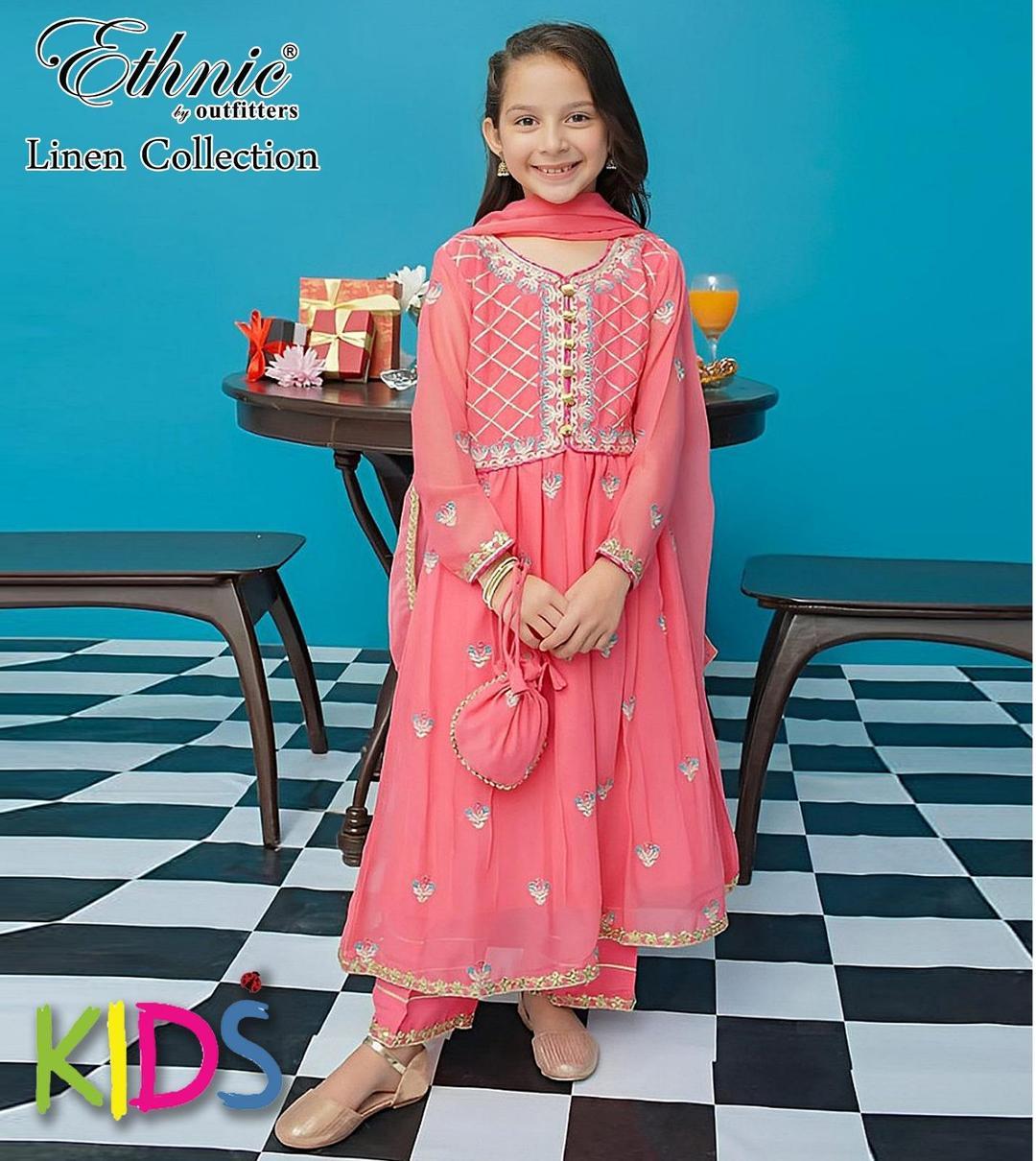 2 Pcs Girl's Linen Embroidered Shirt And Trouser Suit