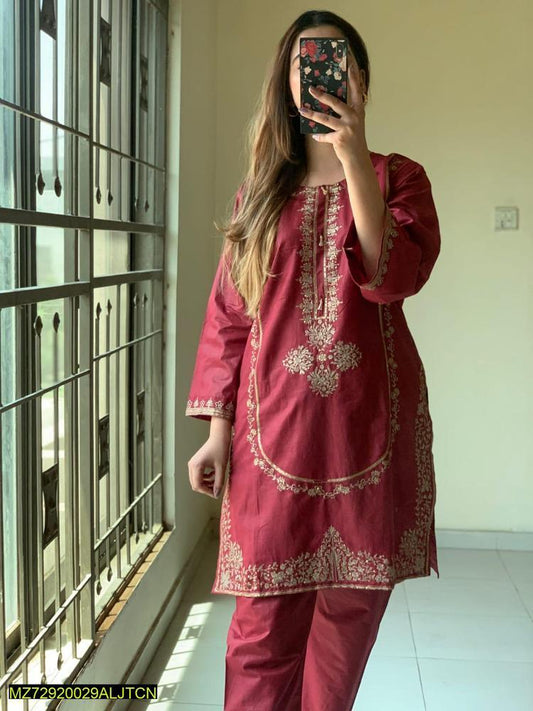 2 Pcs Women's Stitched Lawn Embroidered Shirt And Trouser