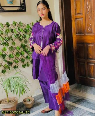 3 Pcs Women's Stitched Fancy Katan Silk Embroidered Suit