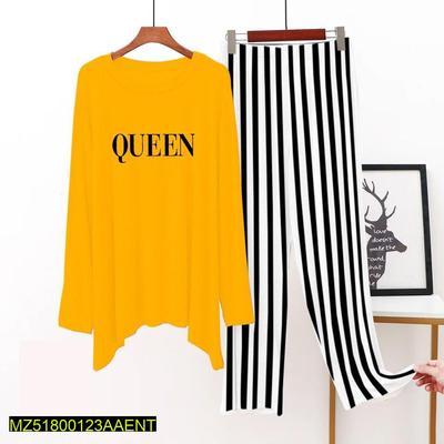 2 Pcs Women's Stitched Jersey Printed Sleepwear, Yellow Queen