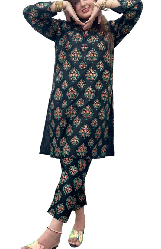 2 Pcs Women's Stitched Linen Block Printed Shirt And Trouser