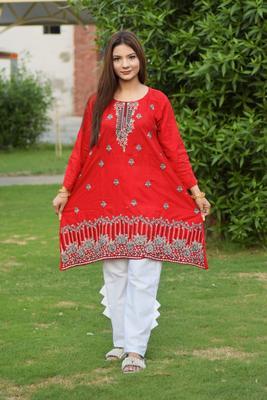 2 Pcs Women's Stitched Cotton Embroidered Shirt And Trouser