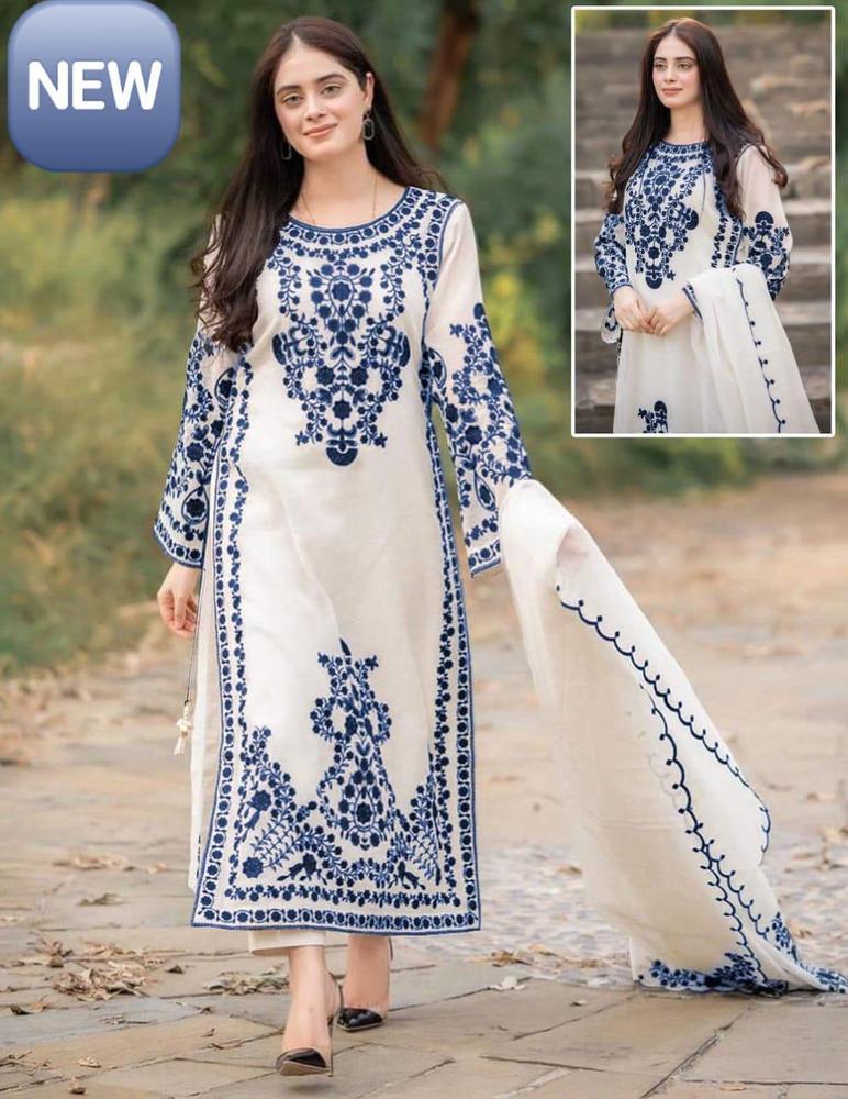 3 Pcs Women's Stitched Organza Embroidered Suit