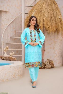 2 Pcs Women's Stitched Cotton Lawn Embroidered Shirt And Trouser