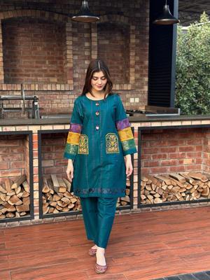 2 Pcs Women's Stitched Cotton Printed Shirt And Trouser