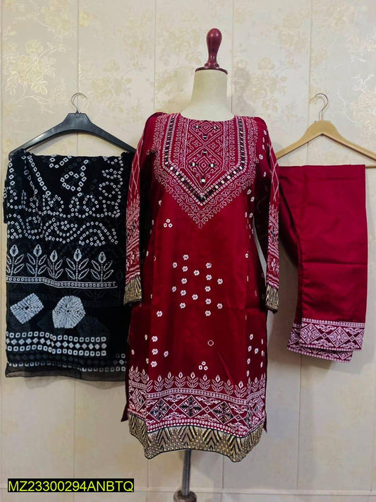 3 Pcs Women's Stitched Katan Silk Embroidered Suit