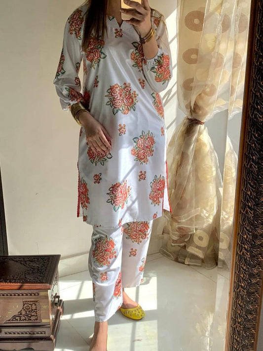 2 Pcs Women's Stitched Lawn Printed Shirt And Trouser