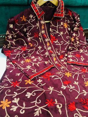 2 Pcs Women's Stitched Katan Silk Embroidered Shirt And Trouser