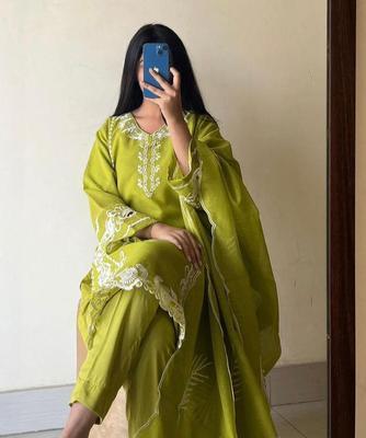 3 Pcs Women's Stitched Organza Ari Work Suit - Green