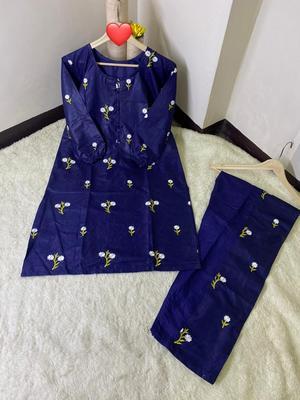 2 Pcs Women's Stitched Cotton Embroidered Shirt And Trouser