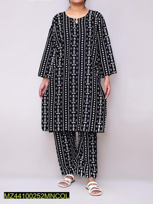 2 Pcs Women's Stitched Linen Printed Suit