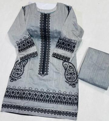 2 Pcs Women's Stitched Paper Cotton Embroidered Shirt And Trouser