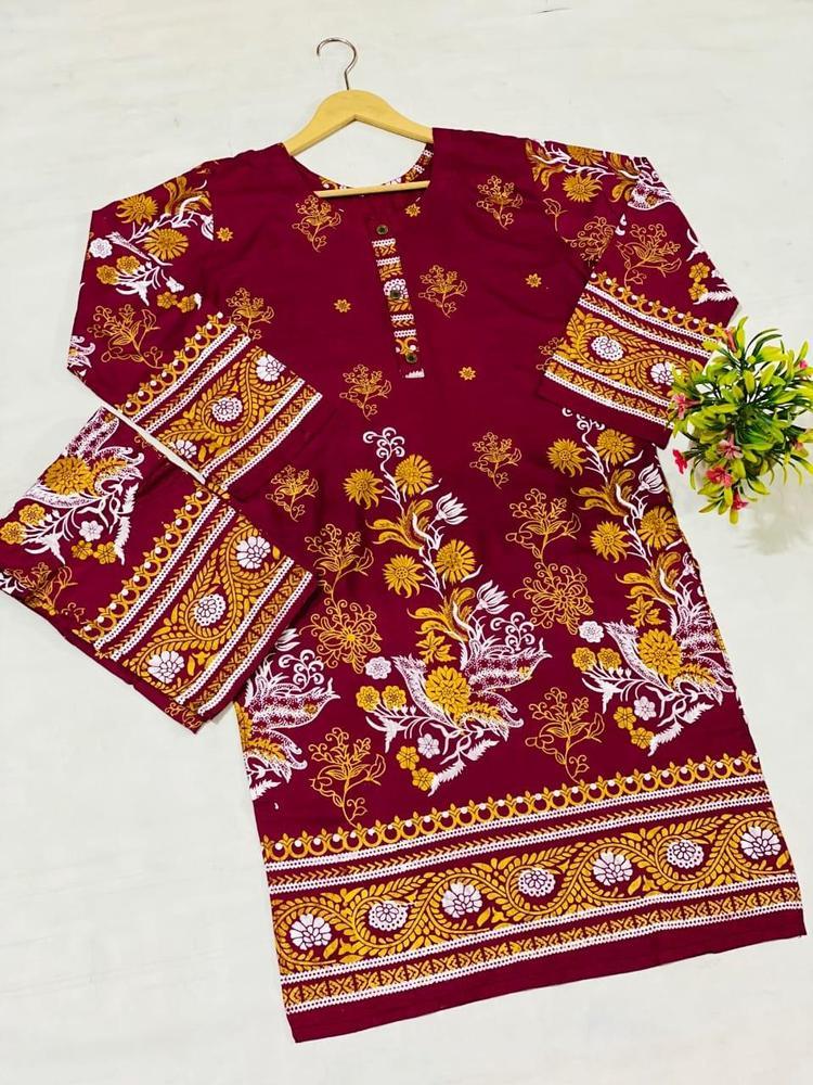 2 Pcs Women's Stitched Linen Printed Suit