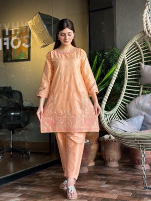 2 Pcs Women's Stitched Soft Cotton Embroidered Shirt And Trouser