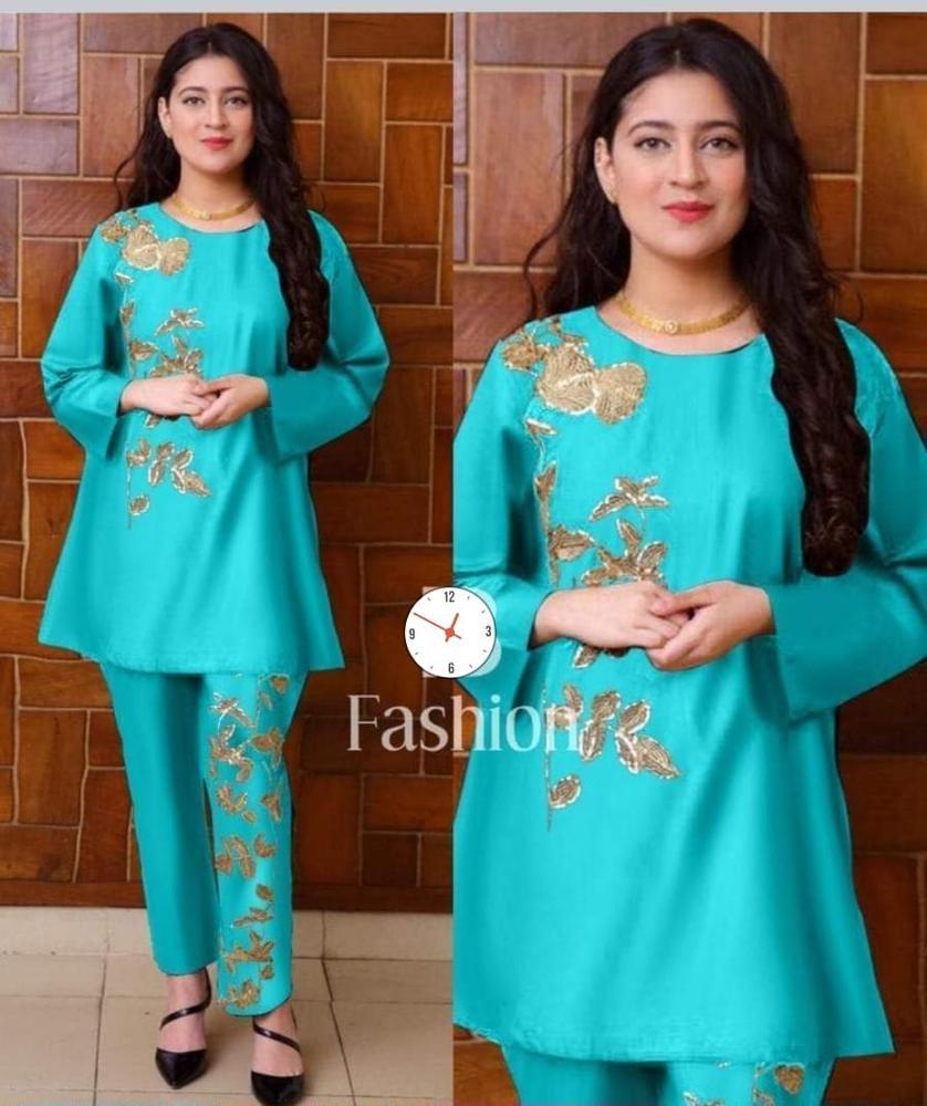 2 Pcs Women's Stitched Linen Zari Tilla Embroidered Shirt And Trouser