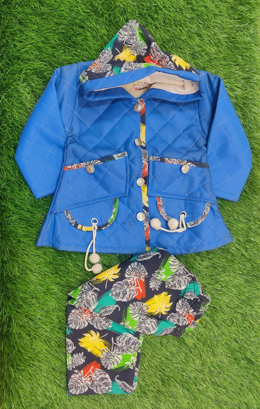 2 Pcs Girl's Velvet Printed Shirt And Trouser Suit