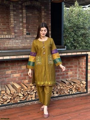 2 Pcs Women's Stitched Cotton Lawn Embroidered Shirt And Trouser