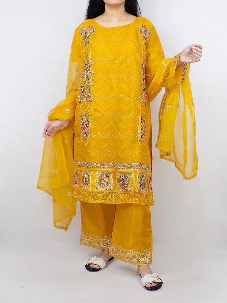 3 Pcs Women's Stitched Organza Embroidered Suit