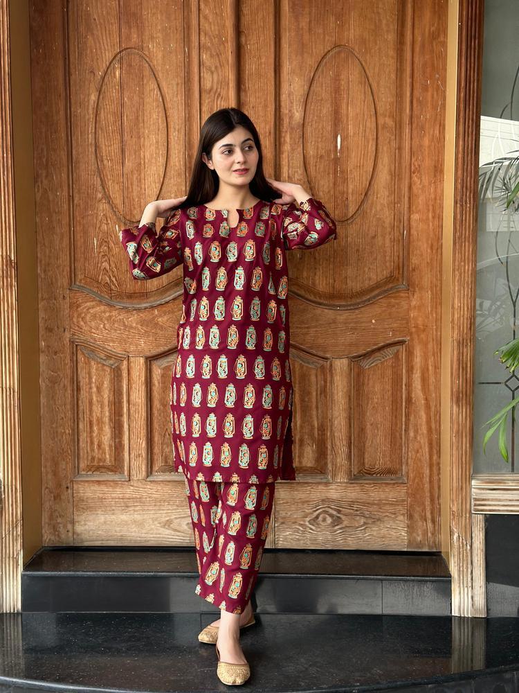 2 Pcs Women's Stitched Arabic Lawn Printed Shirt And Trouser