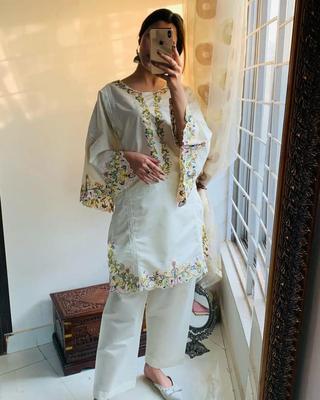 2 Pcs Women's Stitched Khaadi Net Embroidered Shirt And Trouser