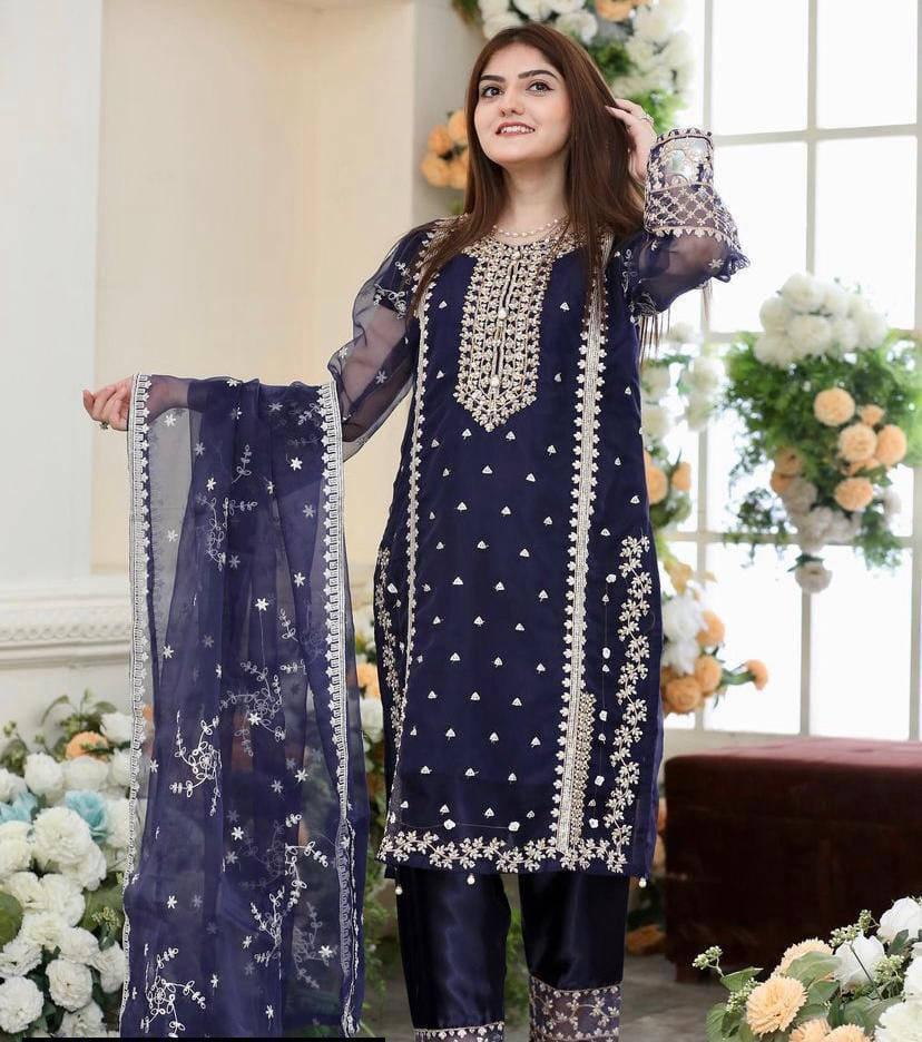 3 Pcs Women's Stitched Katan Silk Embroidered Suit