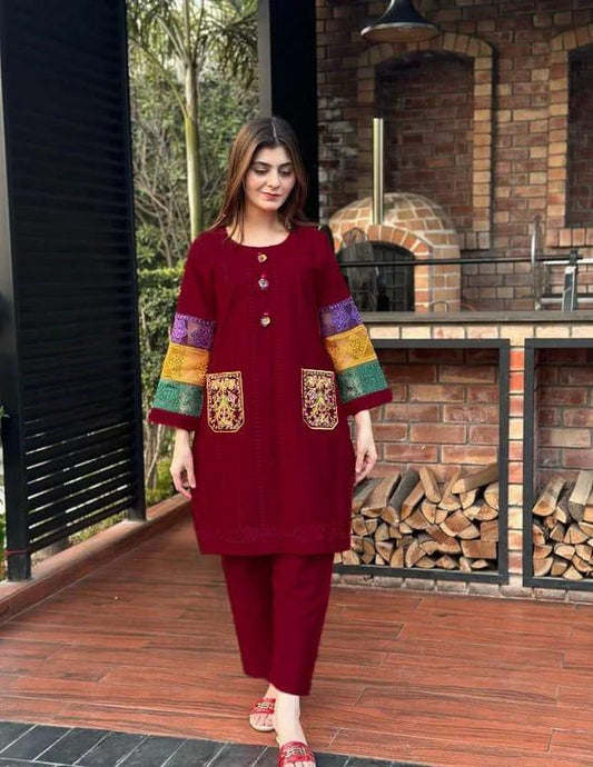 2 Pcs Women's Stitched Cotton Embroidered Frock And Trouser