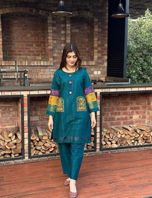 2 Pcs Women's Stitched Cotton Embroidered Shirt And Trouser