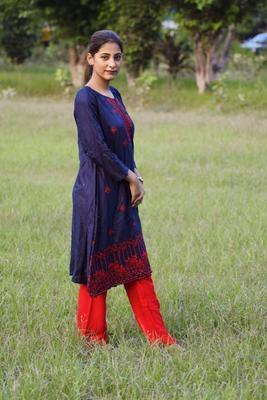 2 Pcs Women's Stitched Cotton Embroidered Shirt And Trouser