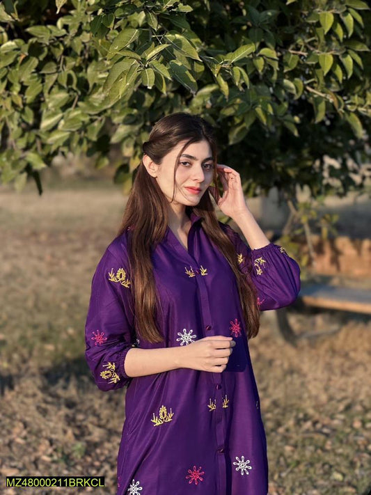 2 Pcs Women's Stitched Lawn Embroidered Shirt And Trouser