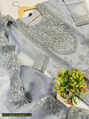 3 Pcs Women's Stitched Organza Embroidered Suit