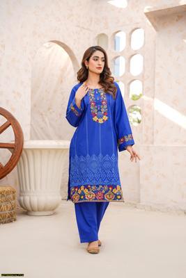 2 Pcs Women's Stitched Cotton Lawn Embroidered Shirt And Trouser