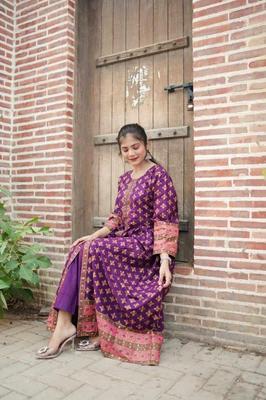 2 Pcs Women's Stitched Katan Silk Printed Suit