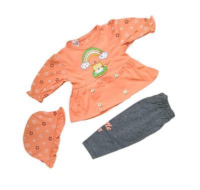 3Pcs Baby Girl Cotton Printed Frock And Trouser Set