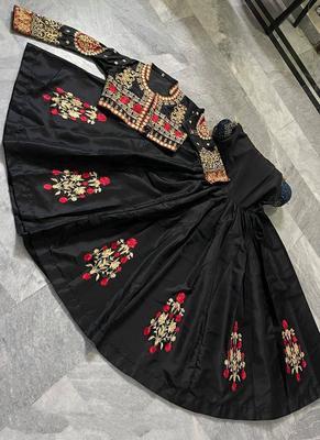 3 Pcs Women's Stitched Katan Silk Full Flare Embroidered Maxi