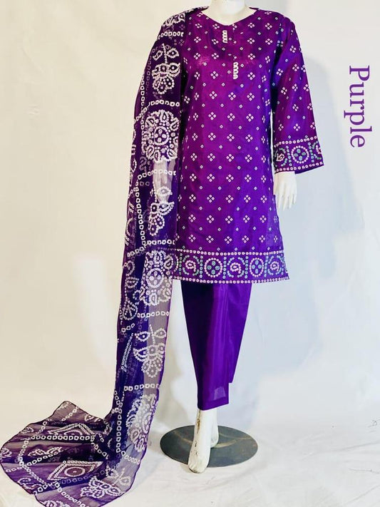 3 Pcs Women's Stitched Katan Silk Printed Suit