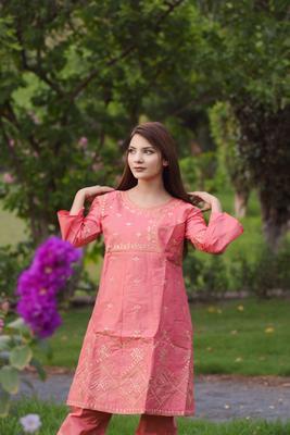 2 Pcs Women's Stitched Cotton Embroidered Frock & Trouser