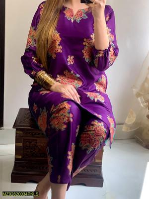 2 Pcs Women's Stitched Arabic Lawn Printed Shirt And Trouser