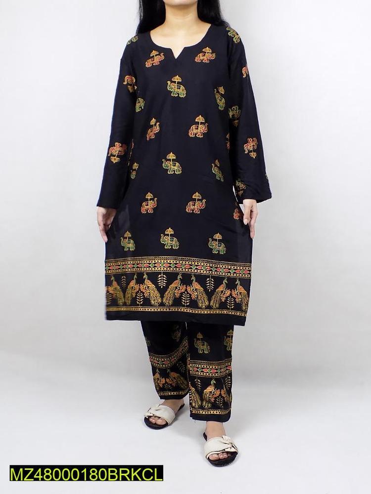 2 Pcs Women's Stitched Linen Printed Suit